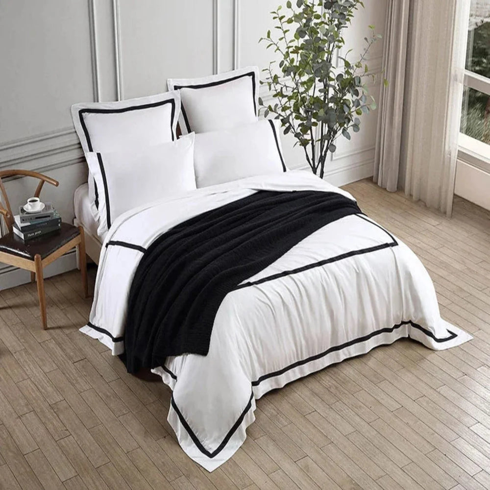 Grey Framed Bamboo Cotton Satin Duvet Set White - Aura Living