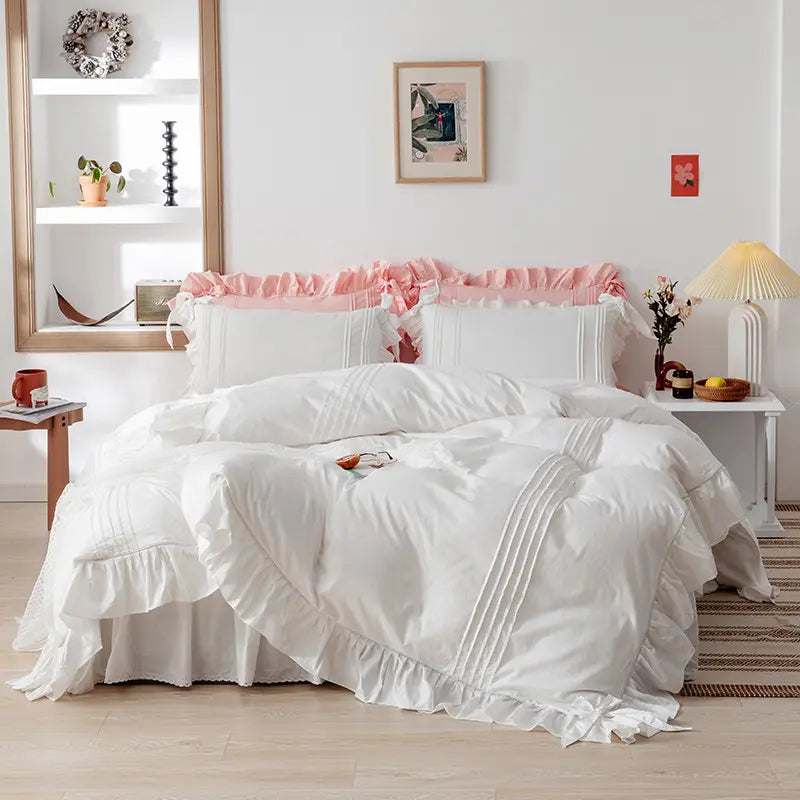 Luxury Pleated With Ruffled Style Satin Duvet Cover Set - White - Aura Living