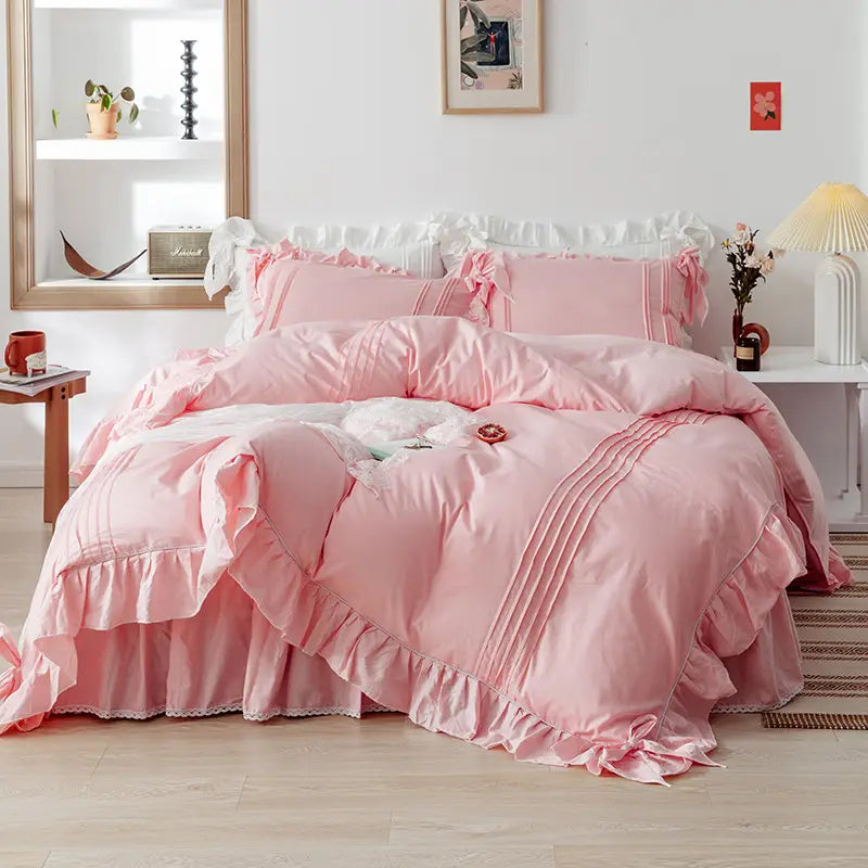 Luxury Pleated With Ruffled Style Satin Duvet Cover Set - Rose Pink - Aura Living
