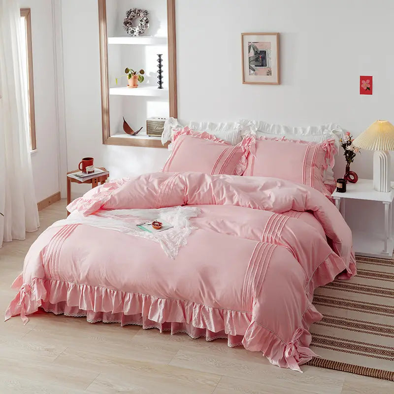 Luxury Pleated With Ruffled Style Satin Duvet Cover Set - Rose Pink - Aura Living