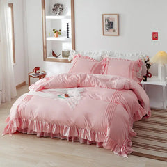 Luxury Pleated With Ruffled Style Satin Duvet Cover Set - Rose Pink - Aura Living