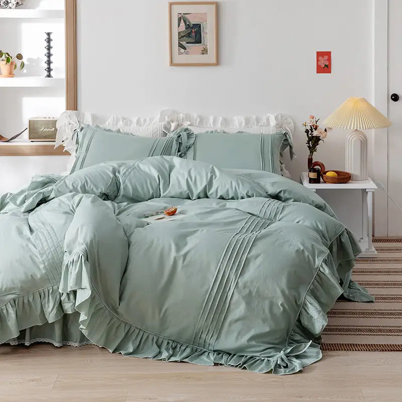 Luxury Pleated With Ruffled Style Satin Duvet Cover Set - Slat Grey - Aura Living