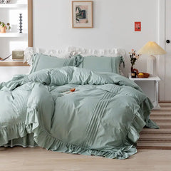 Luxury Pleated With Ruffled Style Satin Duvet Cover Set - Slat Grey - Aura Living