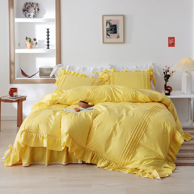 Luxury Pleated With Ruffled Style Satin Duvet Cover Set - Yellow - Aura Living