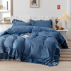 Luxury Pleated With Ruffled Style Satin Duvet Cover Set - Dark Blue - Aura Living