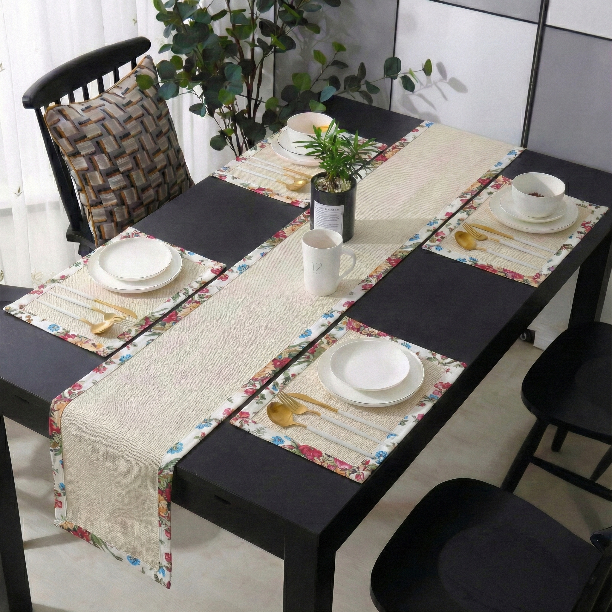 Off white Jute Dinning Set With Printed Border-