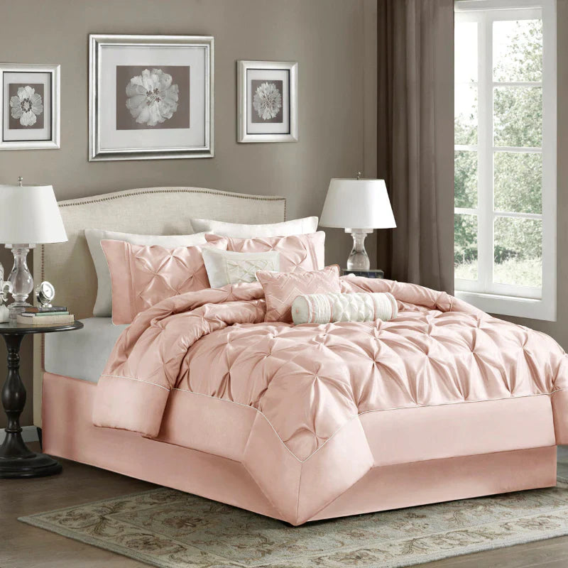 Diamond Pintuck With Piping Cotton Satin Duvet Cover Set - Blush Pink