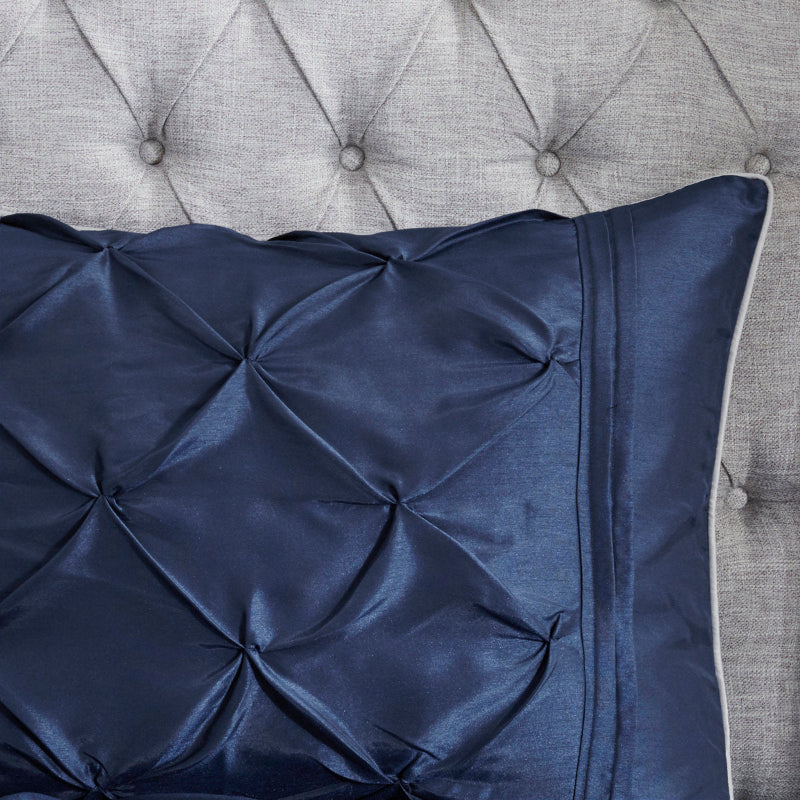 Diamond Pintuck With Piping Cotton Satin Duvet Cover Set - Navy Blue