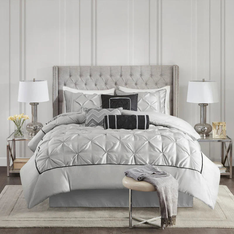 Diamond Pintuck With Piping Cotton Satin Duvet Cover Set - SIlver