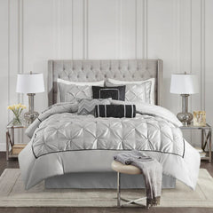 Diamond Pintuck With Piping Cotton Satin Duvet Cover Set - SIlver