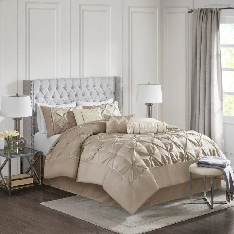 Diamond Pintuck With Piping Cotton Satin Duvet Cover Set - Taupe