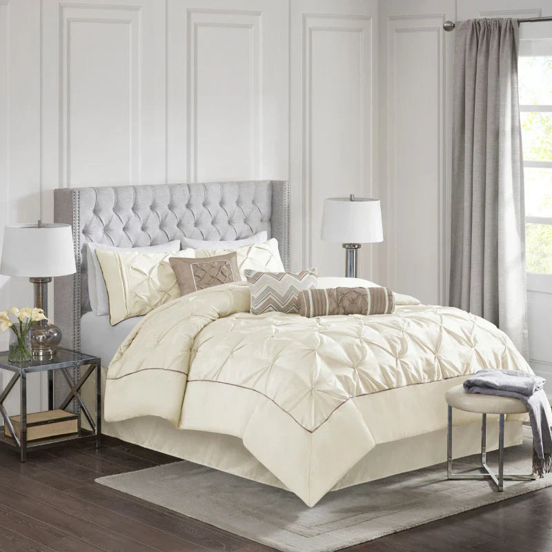 Diamond Pintuck With Piping Cotton Satin Duvet Cover Set - Ivory