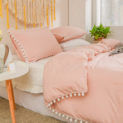Plain Cotton Duvet Cover Set With Pom Poms