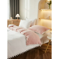 Reversable Cotton Duvet Cover Set With Pom Pom  -