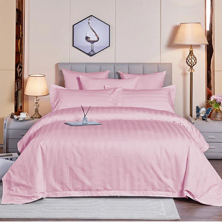 Luxury100% Egyptian Cotton Satin Stripe Duvet Cover Set Baby Pink - Aura Living
