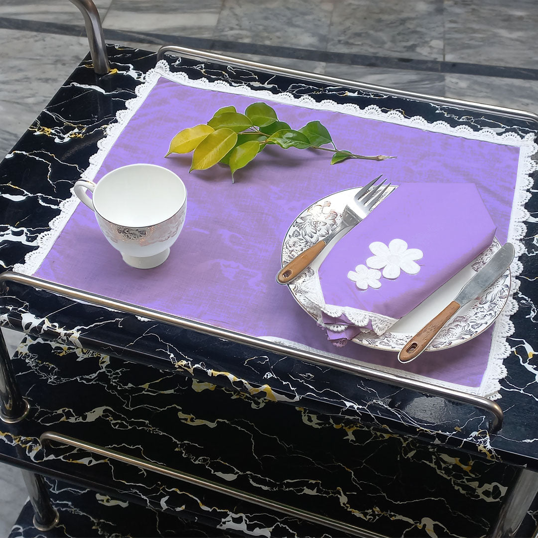 9 PCS TROLLEY MAT AND NAPKIN SET WITH LACE - LILAC
