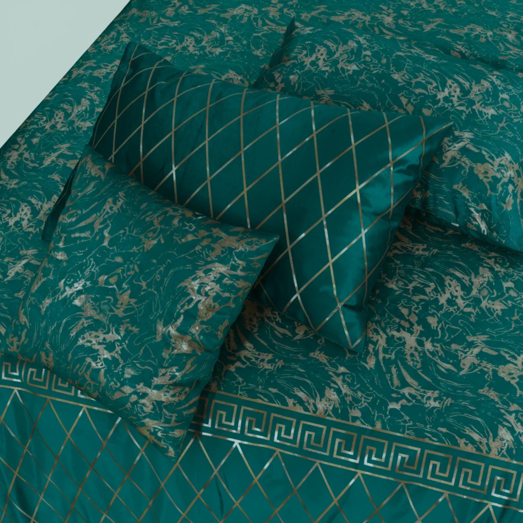 8 Pcs Greek Border Velvet Duvet Cover Set - Embreld Green