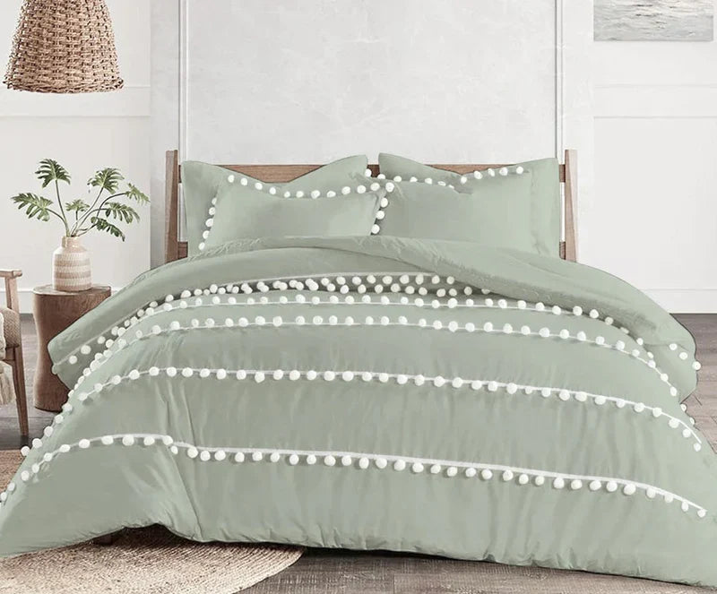 Luxury Cotton Satin Vertical Pom Fringe Duvet Cover Sets - Aura Living