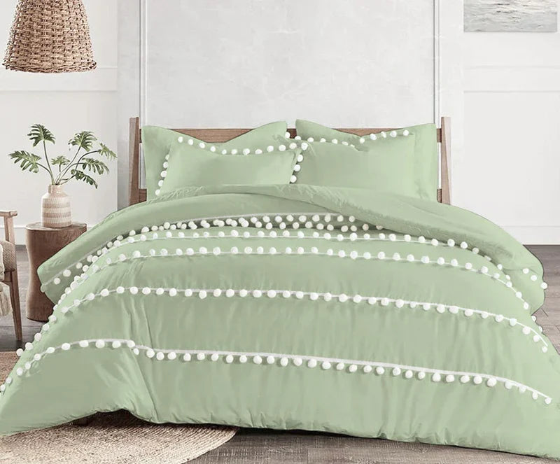 Luxury Cotton Satin Vertical Pom Fringe Duvet Cover Sets - Aura Living