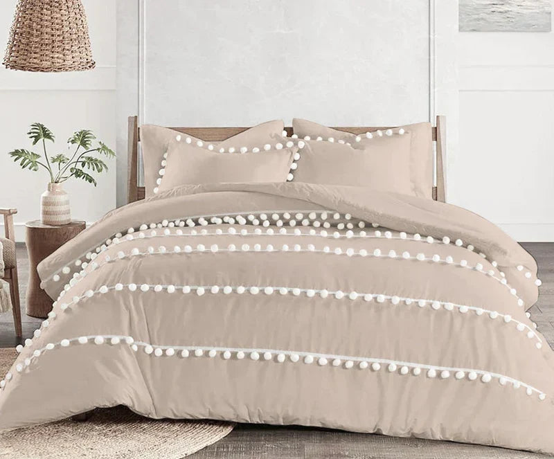 Luxury Cotton Satin Vertical Pom Fringe Duvet Cover Sets - Aura Living