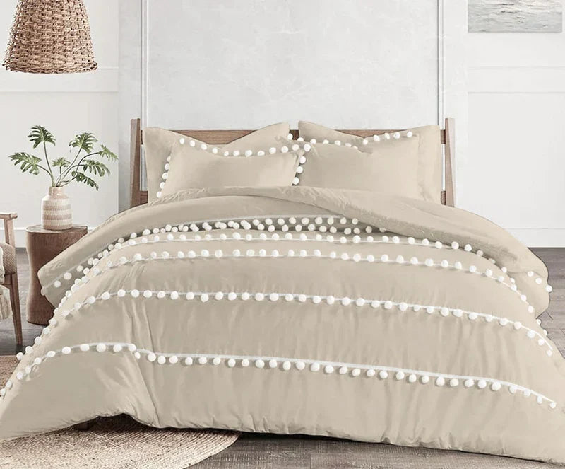 Luxury Cotton Satin Vertical Pom Fringe Duvet Cover Sets - Aura Living
