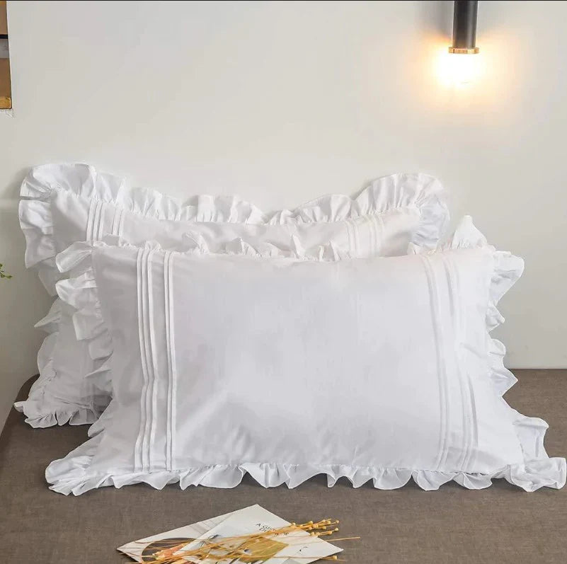 Ruffle Imperial White Pleated Cotton Satin Double Bed Duvet Cover Set - Aura Living