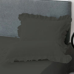 Cotton Fitted Sheet With Frilled Pillow Covers-Charcoal Grey - Aura living