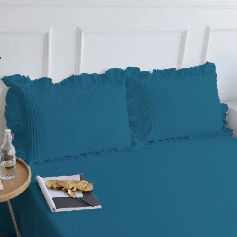 Cotton Fitted Sheet With Frilled Pillow Cover-Teal BLue - Aura living