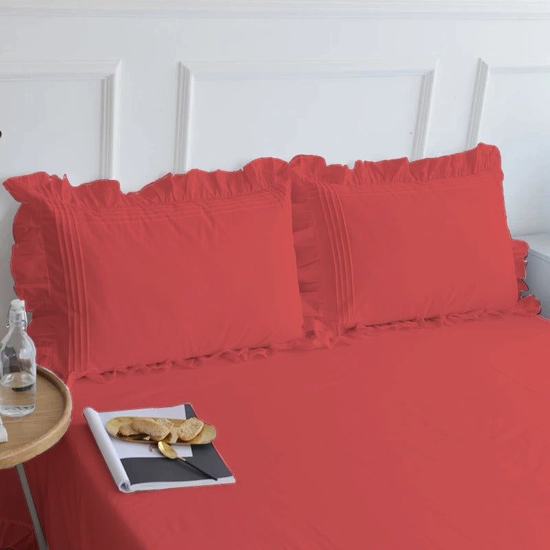 Cotton Fitted Sheet With Frilled Pillow Cover-Scarlet Red - Aura living