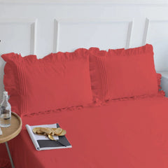 Cotton Fitted Sheet With Frilled Pillow Cover-Scarlet Red - Aura living