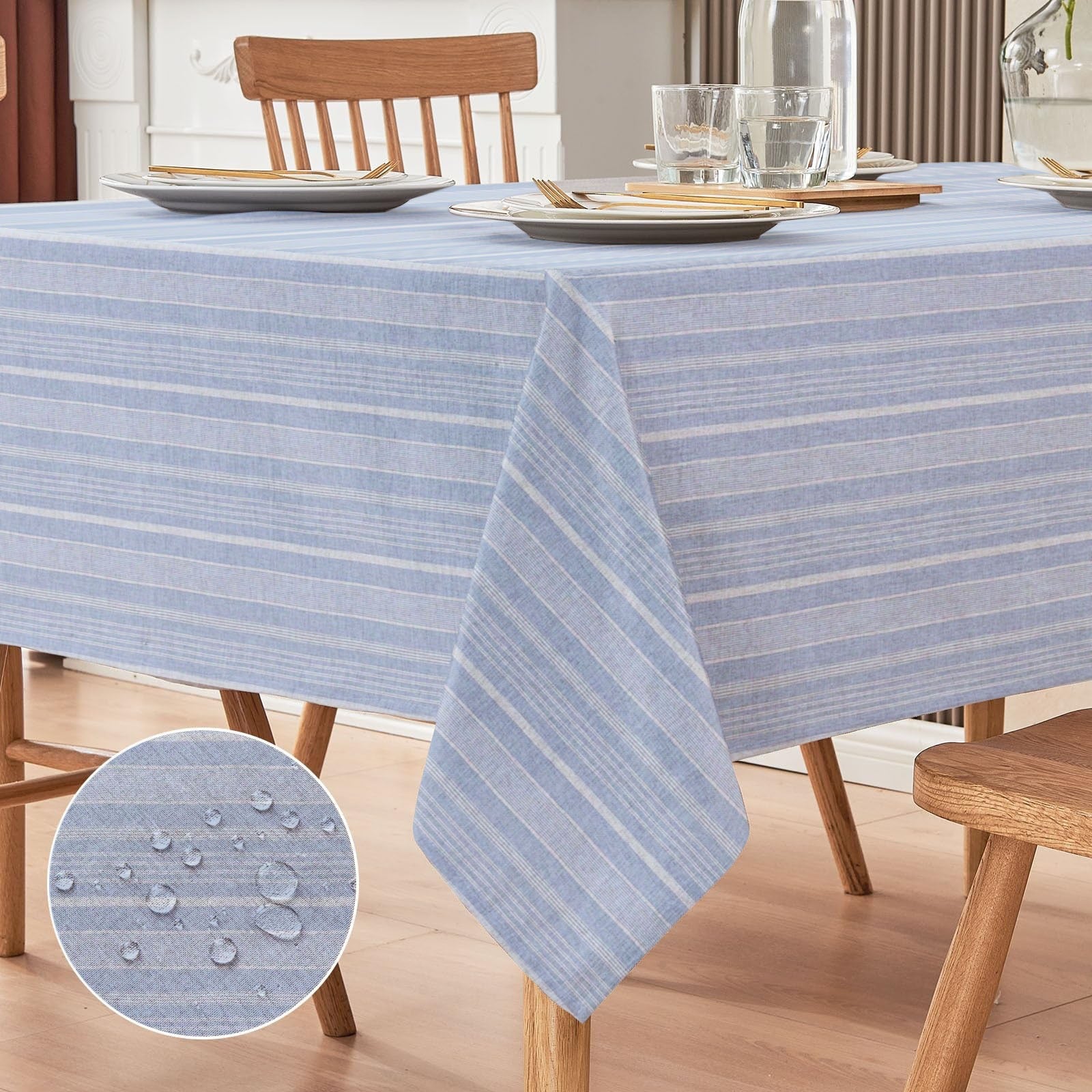 Waterproof Decorative Printed Cotton Table cover - Blue Stripe - Aura Living