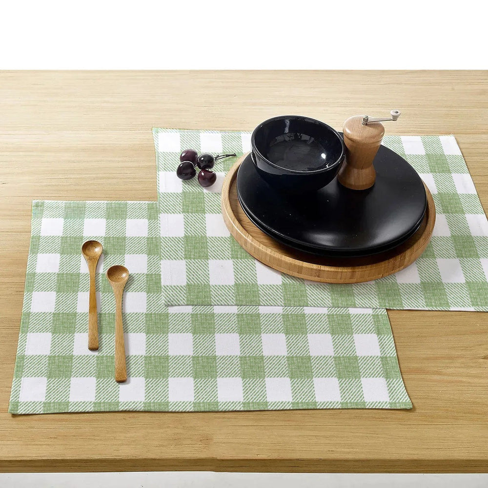 Waterproof Cotton Table Mat Set - Green Checked - Aura Living