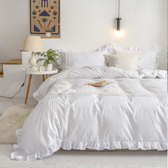 Ruffle Imperial White Pleated Cotton Satin Double Bed Duvet Cover Set - Aura Living