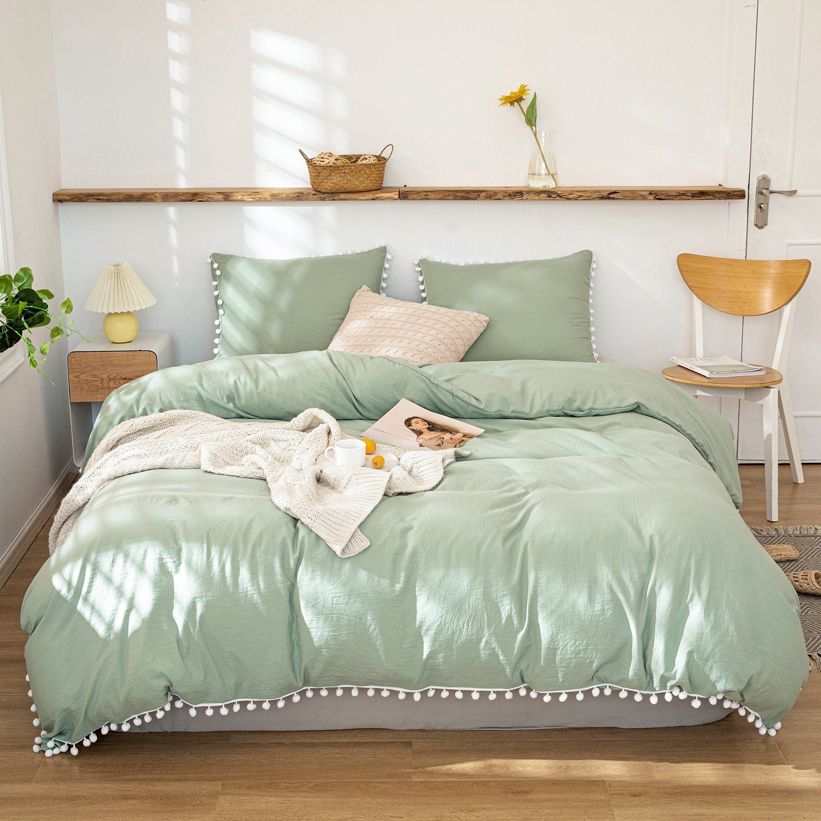 Cotton Duvet Cover Set With Pom Poms  -