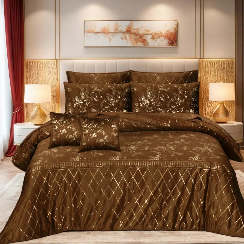 8 Pcs Greek border Velvet Duvet Cover Set - Choco Brown