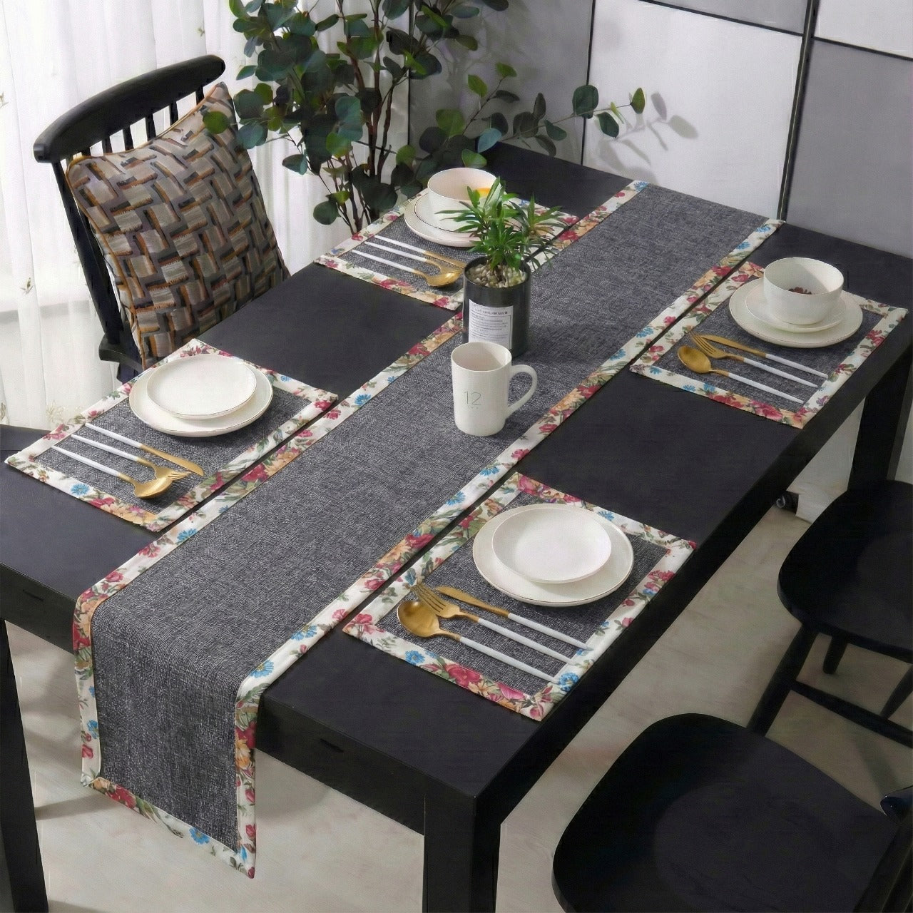 Charcoal Grey Jute Dinning Set With Printed Border-