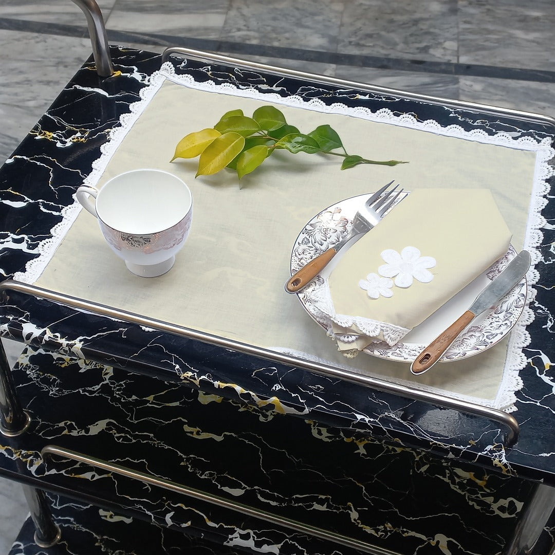 9 PCS TROLLEY MAT AND NAPKIN SET WITH LACE - OFF WHITE - Aura living