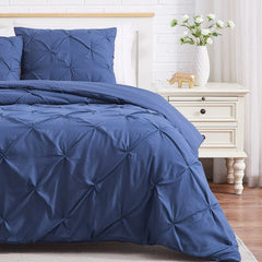 Luxury Cotton Satin Pintuck Duvet Cover Set - Dark Blue - Aura Living