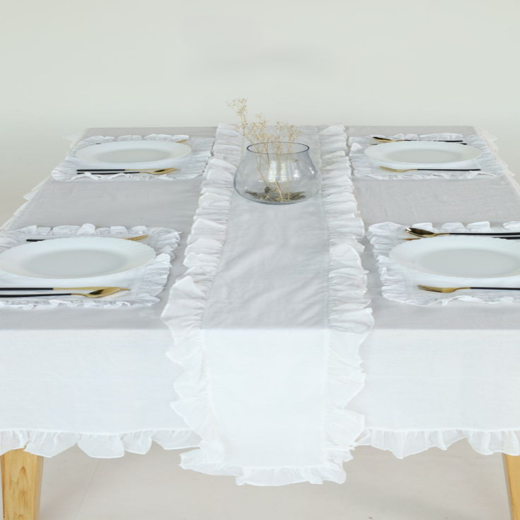 Luxury Cotton Dinning Set With Frilld - White