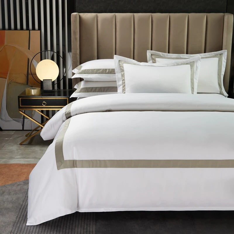 White with Beige Hotel Style Cotton Satin Duvet Set - Aura living