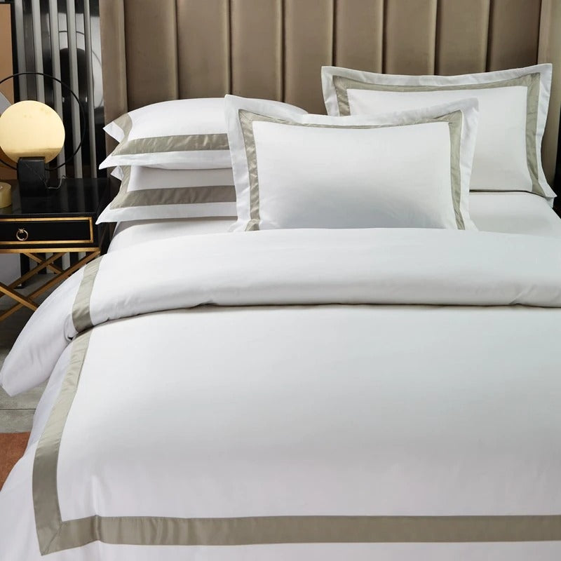 White with Beige Hotel Style Cotton Satin Duvet Set - Aura living