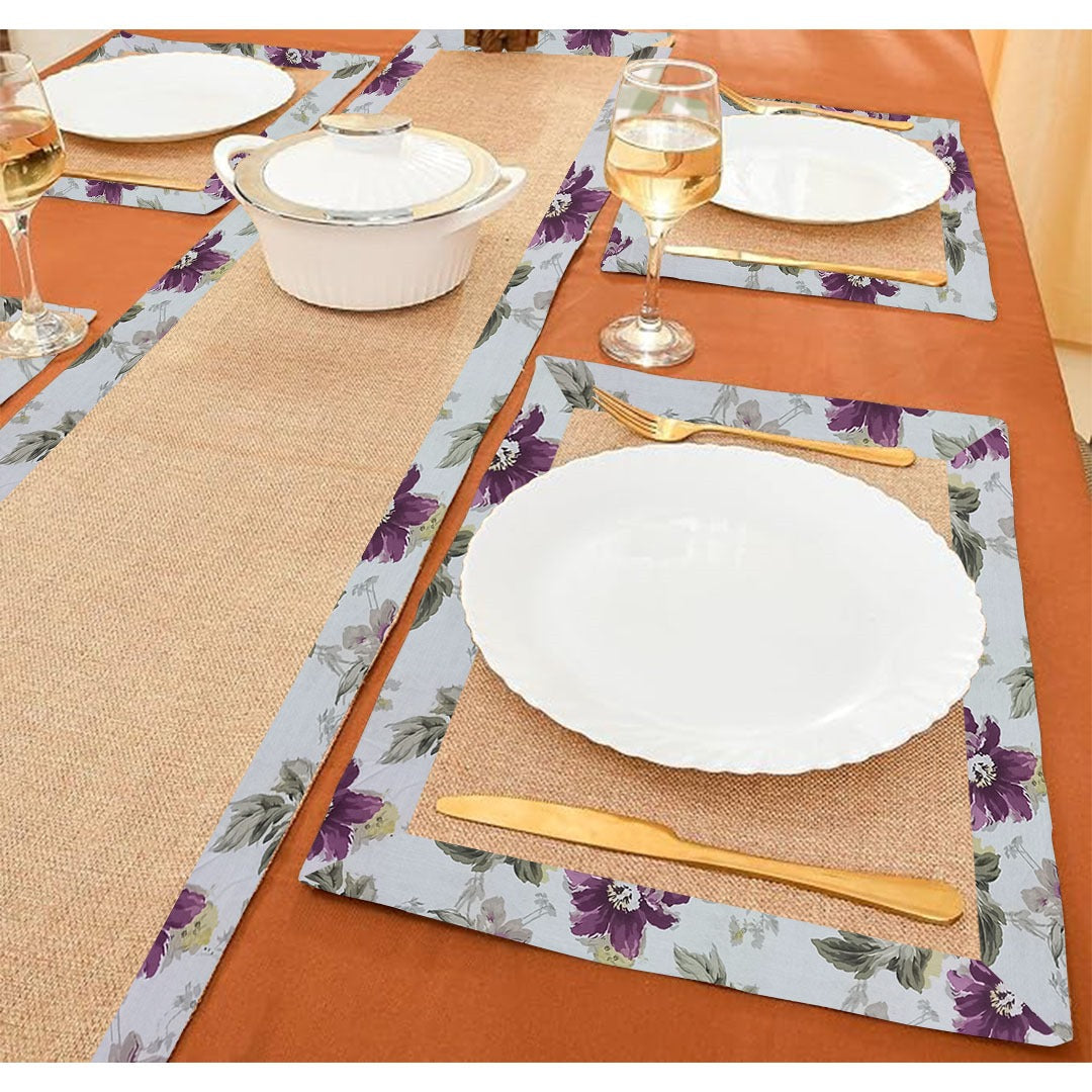 Jute Dinning Set With Border- Rose Garden Blue