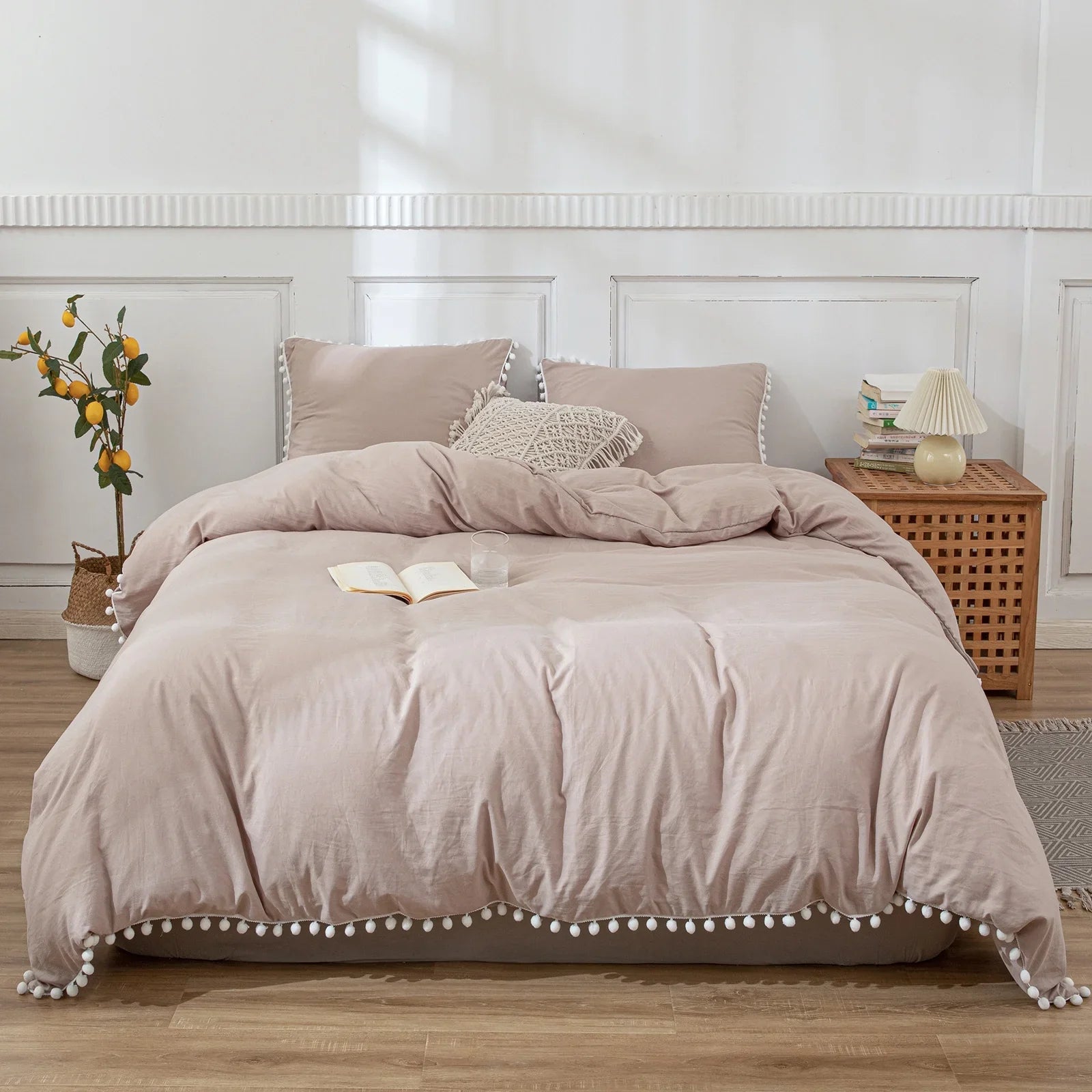 Plain Cotton Duvet Cover Set With Pom Poms