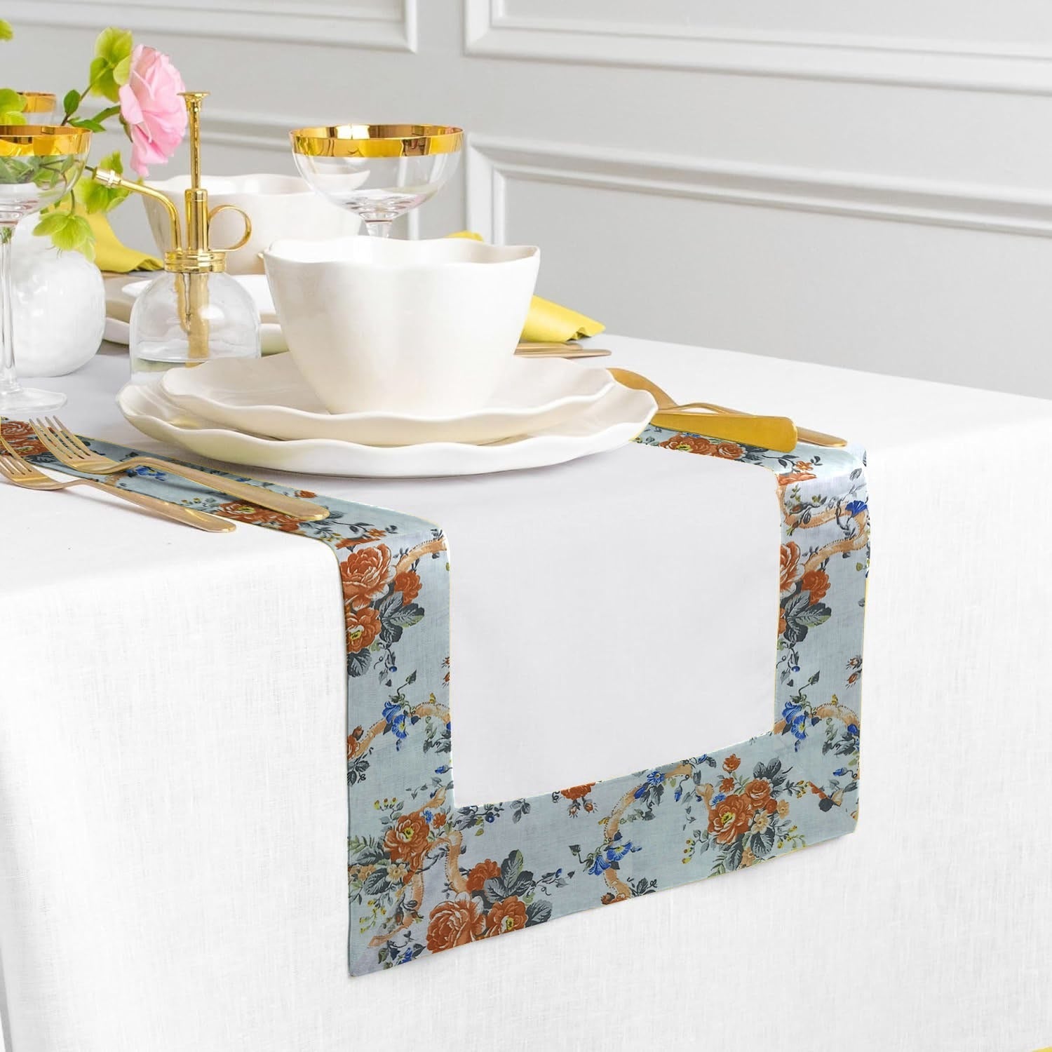 Cotton With Printed Border Reversable Table Runner -
