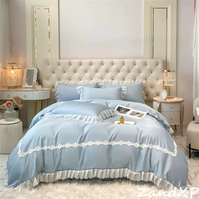 Luxury Cotton Satin Frilled Duvet Set With Lace - Blue - Aura Living