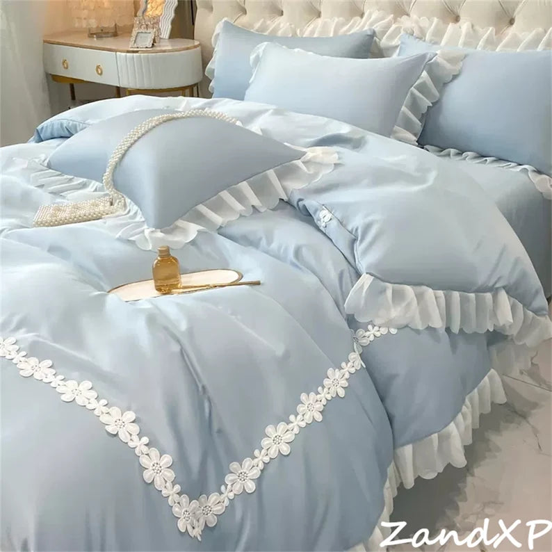 Luxury Cotton Satin Frilled Duvet Set With Lace - Blue - Aura Living