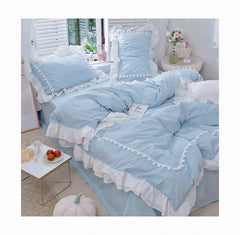Luxury Cotton Satin Frilled Duvet Set With Lace - Blue - Aura Living