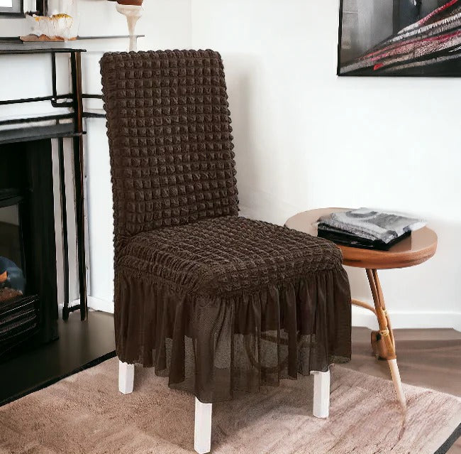 Bubble Stuff Frill Style Dining Chair Cover | Brown Color
