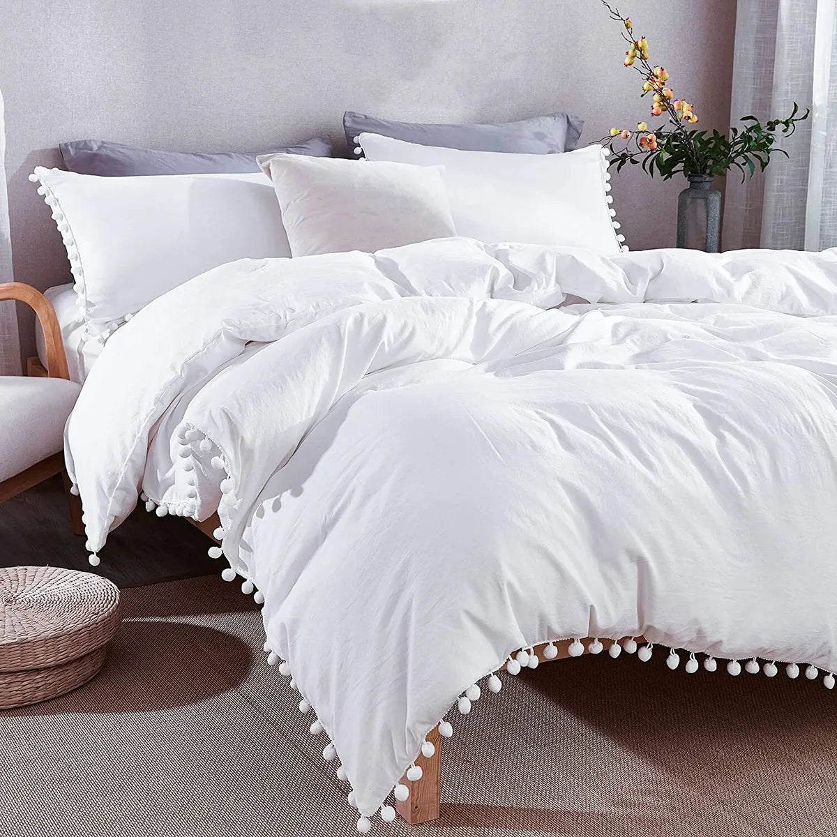Plain Cotton Duvet Cover Set With Pom Poms