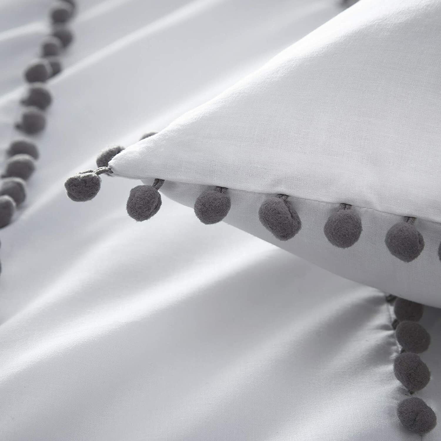 Luxury Cotton Satin Pom Fringe Duvet Cover Set-White With Grey Pom Pom - Aura Living